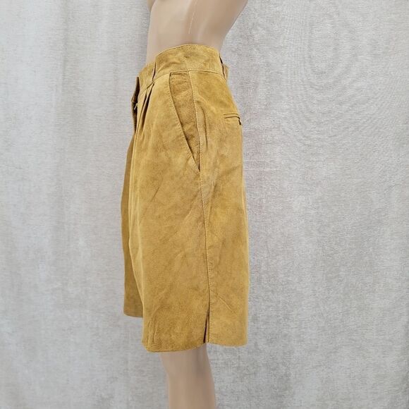 Suede Trouser Shorts Pleated Paperbag Culottes Leather Vintage Golden Tan - Picture 5 of 15